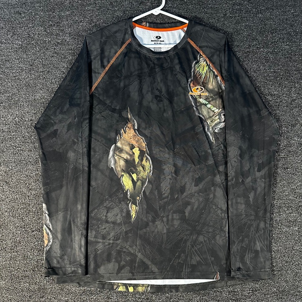Mossy Oak Performance Shirt Mens M Black Camo Good Torn Graphic Long Sleeve